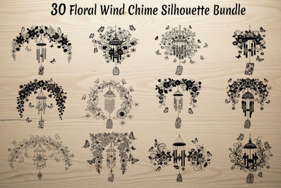 30 Floral Wind Chime Silhouette Bundle: Elevating Nature-Inspired Design