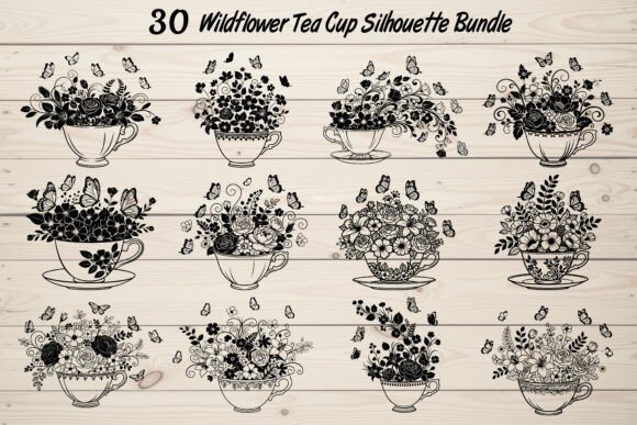 30 Wildflower Tea Cup Silhouette Bundle: Creative Design Solutions for Crafters and Designers