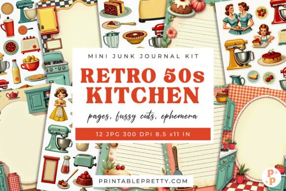 Retro 50s Kitchen Junk Journal Kit: A Distinctive Choice for Vintage Craft Enthusiasts