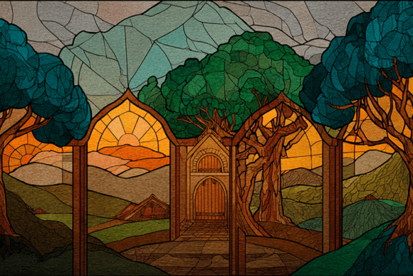 Stained Glass Landscape Archway Sunset: A Visual Resource for Designers