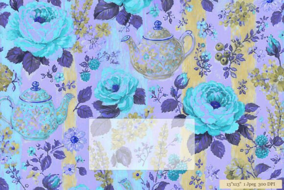 Teal Rose Teapot Floral Digital Paper